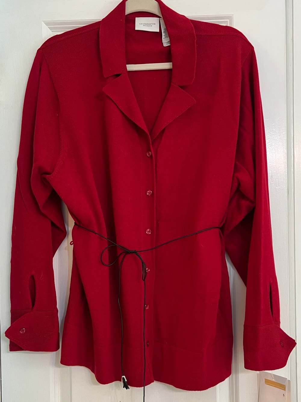 Vintage 2000 Liz Claiborne Woman Red Knit Belted Tunic Sweater Button Up 2X NWT